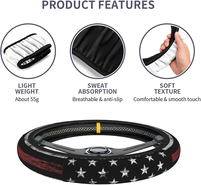 Thin Red Line 3-Pc Car Set: Steering Wheel Cover & 2 Car Coasters | Firefighter Anti-Slip Breathable Universal for 14.5 -15.5 Inch Car Wheel Cover Suitable for Men Women