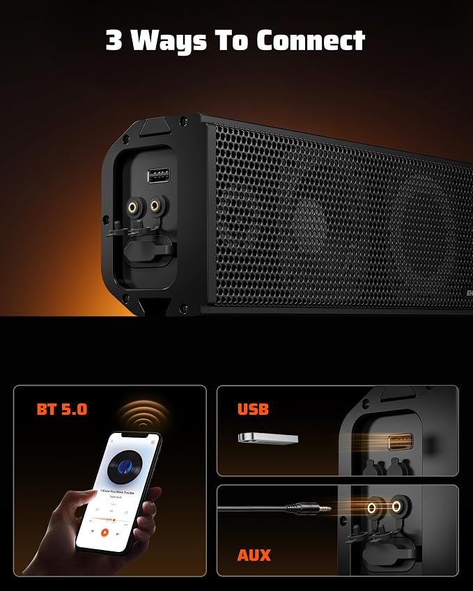 25 Inch UTV Sound Bar, IP66 Waterproof Bluetooth Golf Cart Sound Bar, ATV SoundBar with RGB Lighting, Amplified Powersports SXS SoundBar, UTV Speakers Compatible with Polaris RZR Can-Am