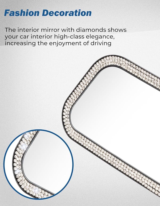 Rearvie Mirror, 12 Inch Panoramic Interior Clip-on Wide Angle Convex Rear View Mirror with Bling Rhinestones Diamonds Edge, Effectively to Reduce Blind Spot, Universal for SUV Trucks -White