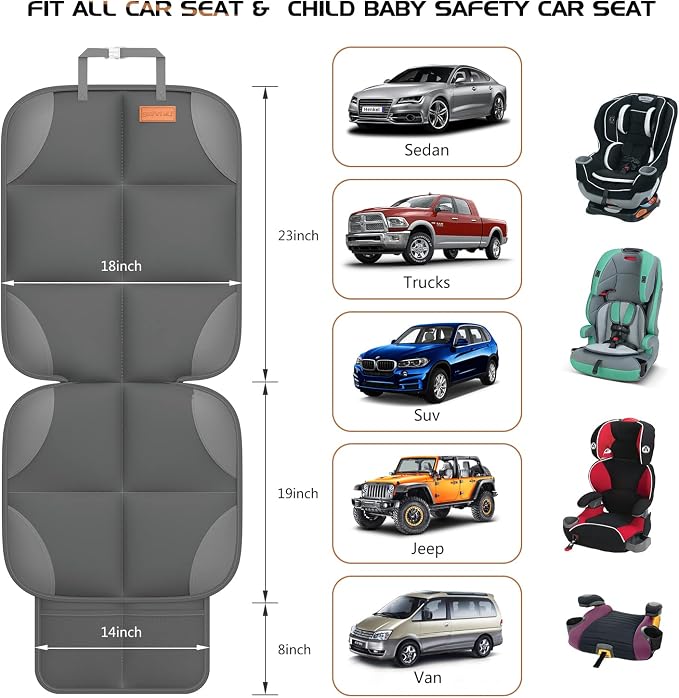 Car Seat Protector for Child Car Seat - Waterproof 600D Fabric Baby Seat Protectors for Non-Slip Backing Mesh Pockets for Baby and Pet, Easy Storage（Dark Gray）