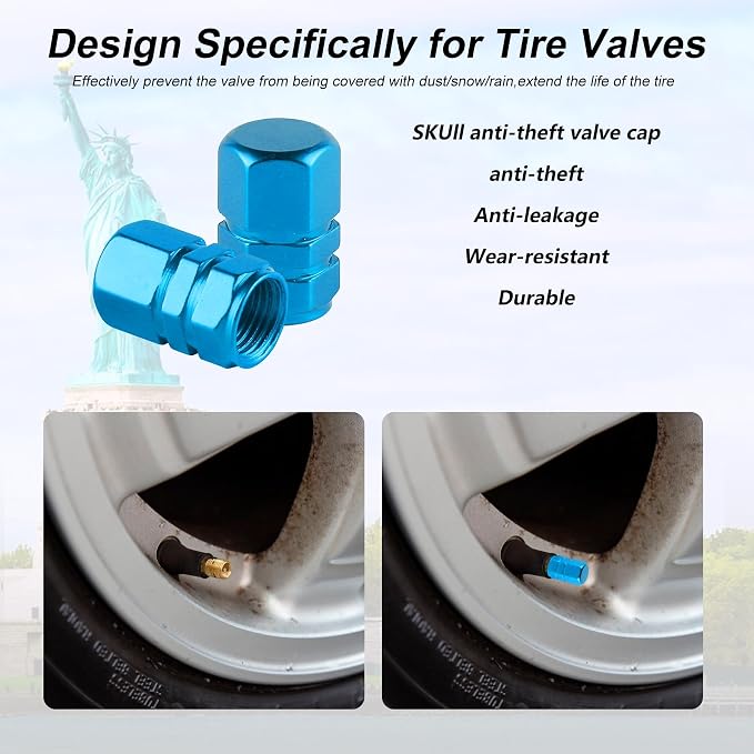 Aluminum Tire Stem Valve Caps Wheel Valve Covers Car Dustproof Tire Cap Cover Accessories, Universal for SUV, Car, Bike and Motorcycle，Hexagon Shape (4PCS Light Blue)