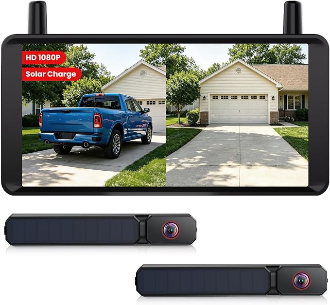 2 Solar Wireless Backup Camera: Dual Antenna for Stable Live View | 1Min Quick Install, 6" Dual-Split Screen with 1080P Color Night Vision, Long Battery Rechargable for Car Truck Trailer