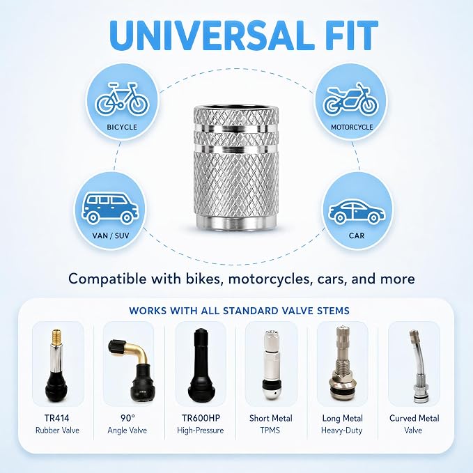 Tire Valve Stem Caps 8 Pack, Aluminum Tire Valve Caps with Plastic Liner, Corrosion Resistant Leak Proof Air Valve Caps, Universal Valve Stem Caps for Cars, Trucks, SUVs, Motorcycles and Bikes