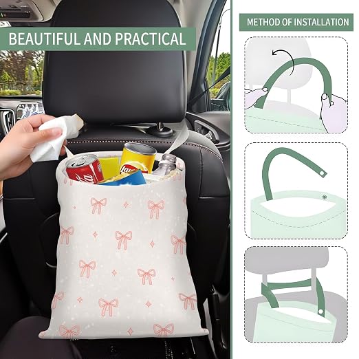 Cute Car Trash Can, Hanging Canvas Car Back Seat Organizer and Storage Bag, Funny Car Trash Bag for Travelling, Outdoor Cute Small Bow