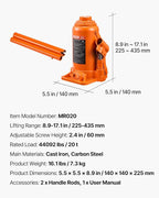 Hydraulic Bottle Jack, 20 Ton/44092 LBS All Welded Bottle Jack, 7.5-14 inch Lifting Range, with 3-Section Long Handle, for Pickup Truck, Truck, Car, RV, Auto Repair, Industrial Engineering