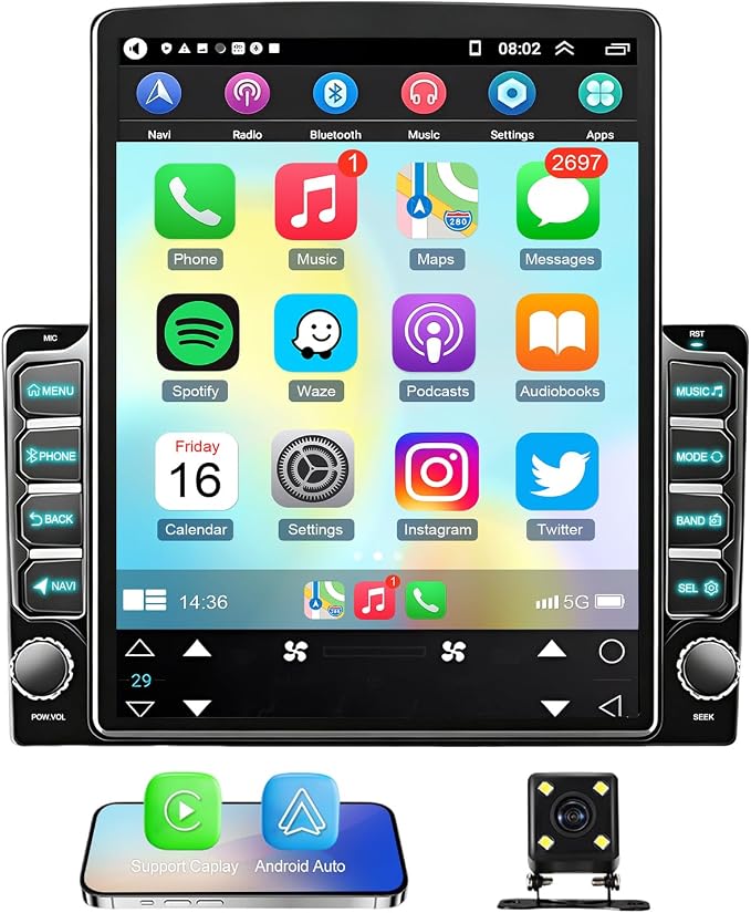 Double Din Car Radio Stereo for 2009-2014 Ford E-250 E-150 E-350 Radio 9.7 Inch Touch Screen with Wireless CarPlay/Android Auto Head Unit GPS Bluetooth FM/RDS SWC Backup Camera