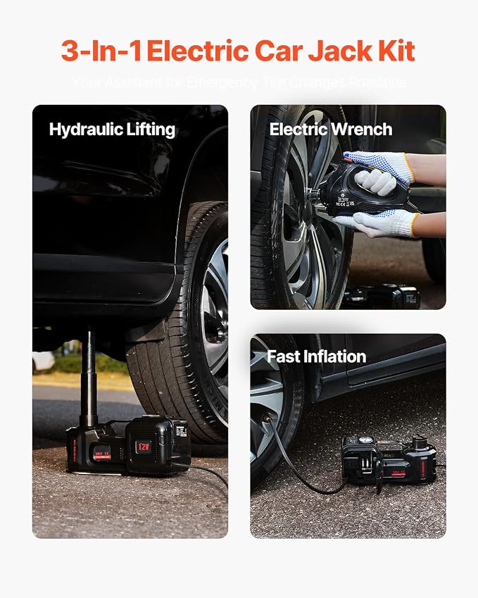 Electric Car Jack, 5 Tons /11000 lbs, Scissor Jack with Built-in Inflator, 12V Tire Change Replacement with Impact Wrench & LED Light, Portable Jack kit for Sedan, SUV, Truck
