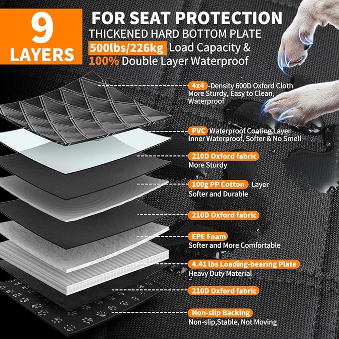 Back Seat Extender for Dogs, Hard Bottom Dog Car Seat Cover for Back Seat Waterproof with Mesh Window and Storage Pocket, Dog Hammock for for Full Size Truck SUV
