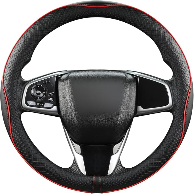 Microfiber Leather Car Steering Wheel Cover for Honda Accord Civic CR-V HR-V Pilot Fit Passport Odyssey,Sport Style,14.5-15 inch (Black+Red Line-Standrad Size)