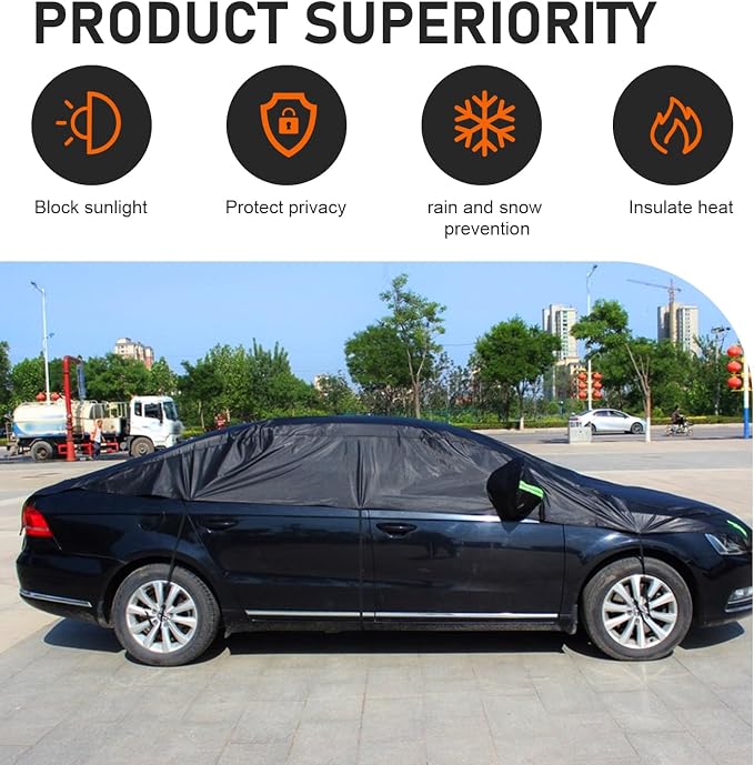 Car Half Cover, Oxford Summer Rainproof Sunshade Cover, All-season Thickened Car Roof Protector, Universal for Sedans (Black)
