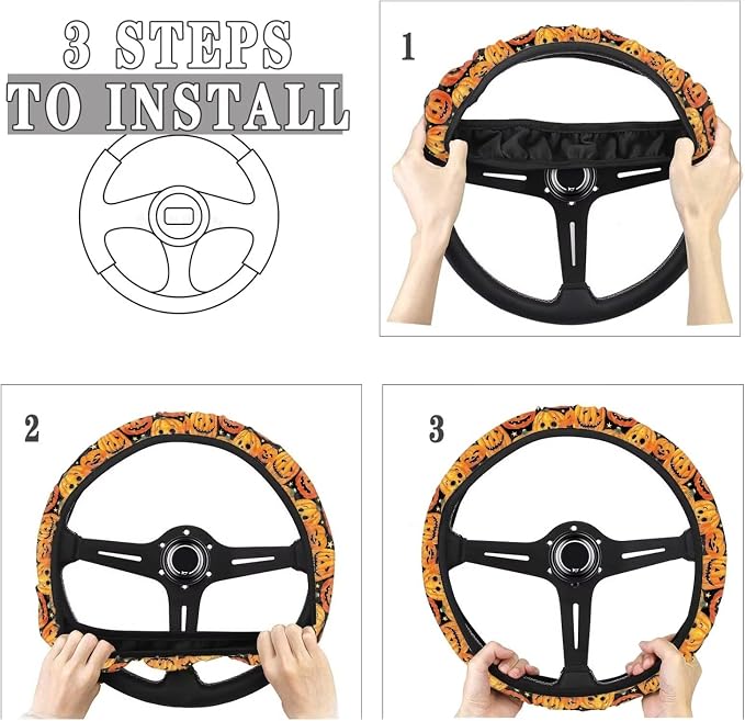 Car Steering Wheel Cover Universal 15 Inch Non-Slip Comfortable Stretch Decorative Halloween Auto Steering Wheel Protector Automobile Accessories, Pumpkin Star