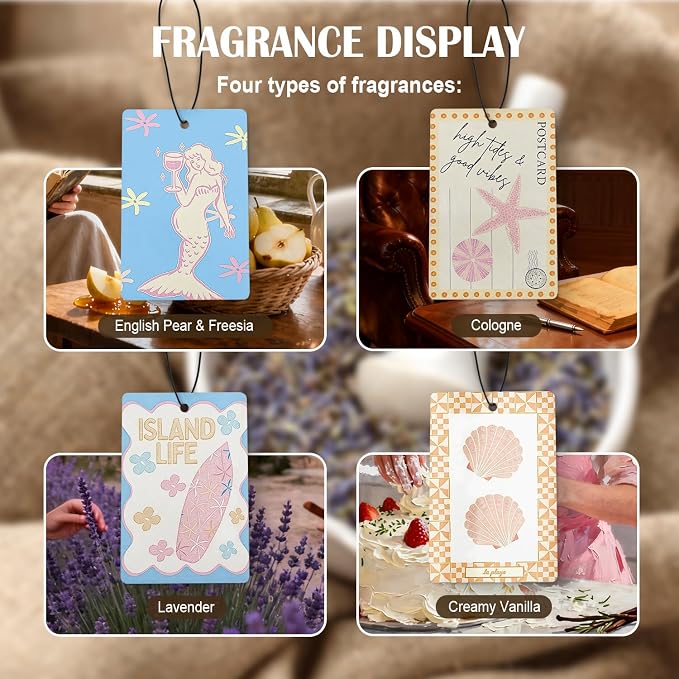 Pastel Coastal Summer Beach Car Air Freshener 4 Pcs, Mermaid Seashell Floral Surfboard Ocean Hanging Air Freshener for Cars Closet Drawer Books, Cute Beachy Car Accessories for Women Girls
