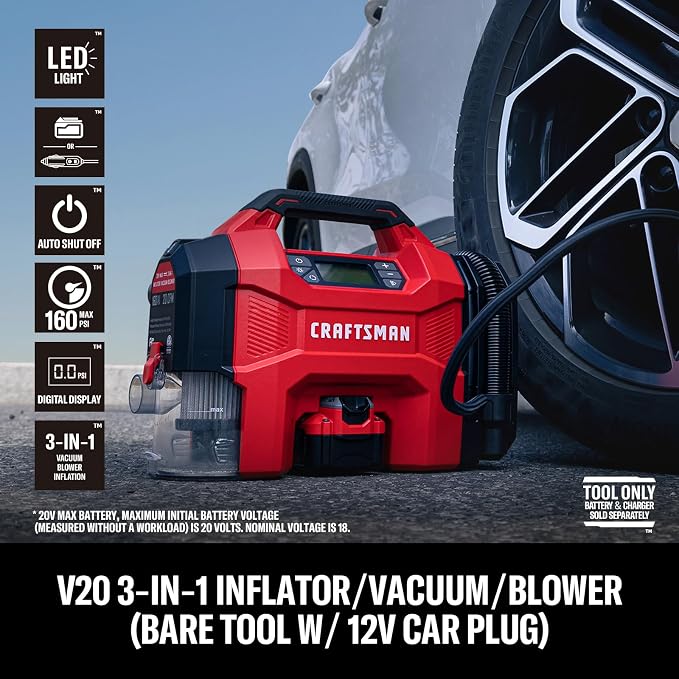 3-in-1 Tire Inflator, 160PSI Portable Air Compressor/Car Vacuum/Dust Blower, 20V Cordless & 12V Car Power, Air Pump with LED Light for Cars Trucks RV Tires (Battery Sold Separately)