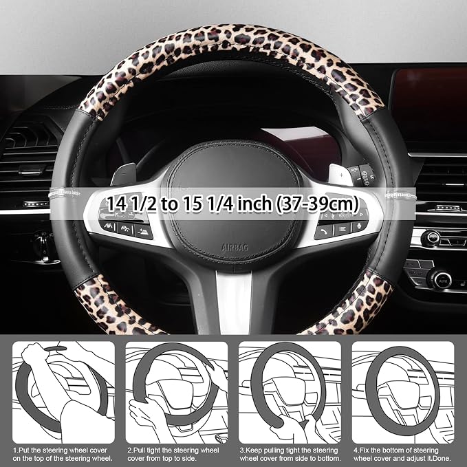 Leopard Steering Wheel Cover - Bling Crystal Rhinestones Cheetah Print on Leather Non-Slip Breathable Design for Women/Girls Universal Fit 14.5-15 Inch(Black & Yellow)