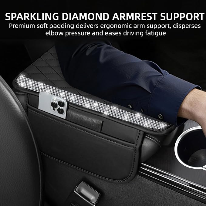 Bling Car Center Console Cover, Leather Car Arm Rest Cover Cushion with 2 Storage Bags, Universal Auto Armrest Protector Storage Box, Bling Accessories Interior for Most Vehicles (Silver)