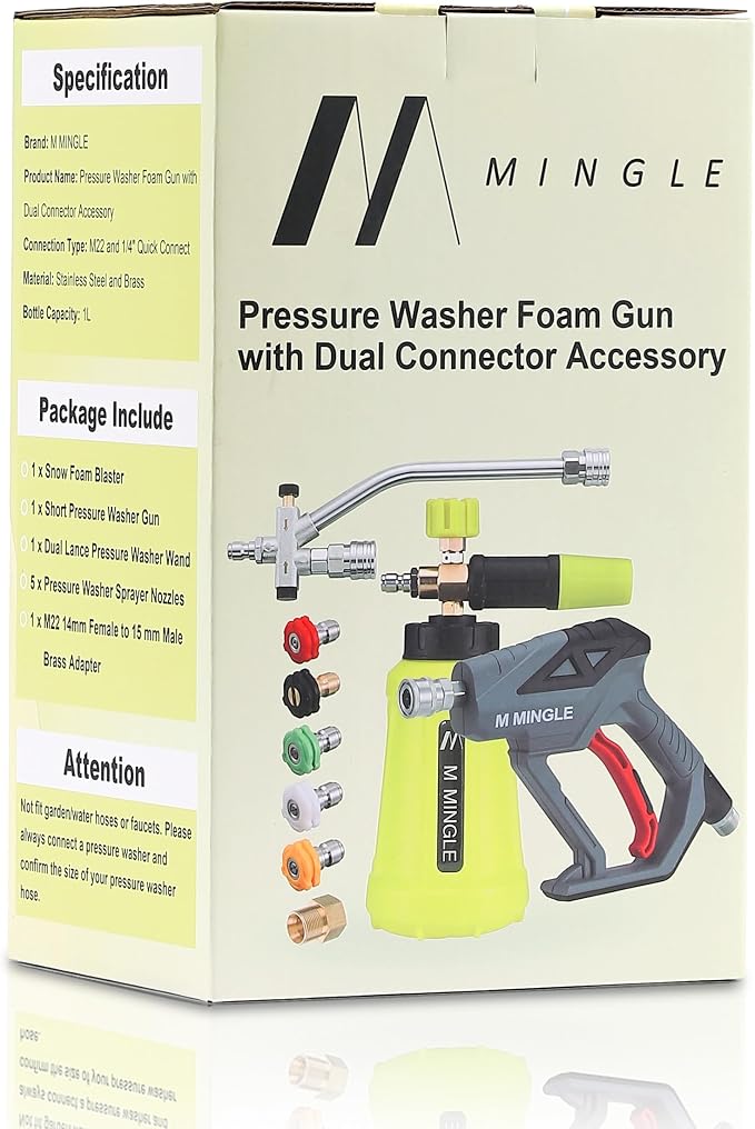 High Pressure Washer Gun with Foam Cannon, Foam Cannon Dual Connector Accessory, Car Wash Foam Gun Kit 1/4 Inch Quick Connector, 5 Pressure Washer Nozzle Tips