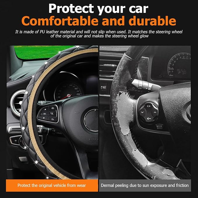 Bling Car Steering Wheel Cover, Non-Slip Elastic Stretch Leather Auto Steering Wheel Protector, Sparkling Diamond Vehicle Decor Accessories for Women Girls, Universal for Vehicles (Beige)