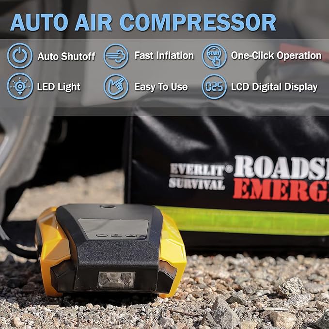 Car Emergency Kit, Roadside Safety Tool Kit with Gloves,Digital Auto Air Compressor Tire Inflator, First Aid Kit, 12 Feet Jumper Cable, Tow Strap, Flashlight for Women, Men, Teenagers