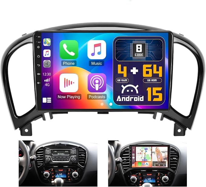 4G+64G 8Core Android 15 Car Stereo for Nissan Juke 2011-2016 Wireless CarPlay Android Auto, 9” IPS 1280 * 720 Touch Screen Radio Upgrade Bluetooth 5.0 GPS Navi 5G WiFi FM/RDS SWC