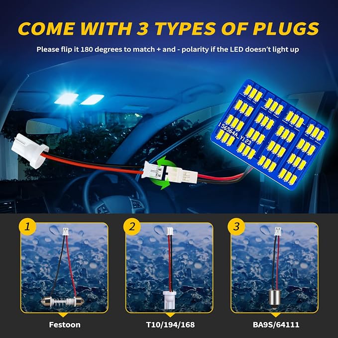 Car Interior LED Lights Accessories with 194 168 T10 / BA9S / DE3175 6418 211-2 578 Festoon Adapters, 48-SMD Panel Lamps for Dome Map Door Trunk Courtesy License Plate Lights (Ice Blue)