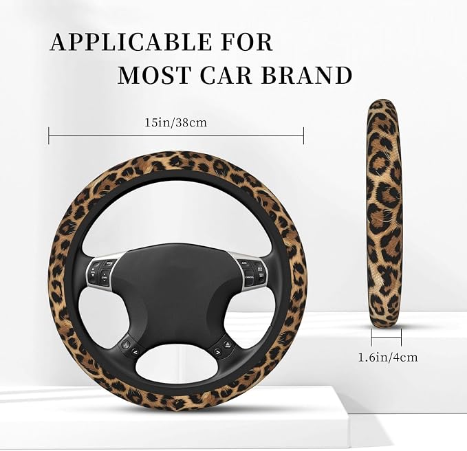Leopard Print Steering Wheel Cover - Cheetah Steering Wheel Protector Neoprene 15Inch Car Accessories 2 Pcs Car Coasters for Women Men