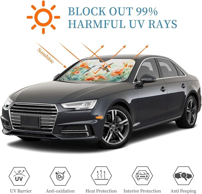 Windshield Sun Shade Hummingbird Flower Watercolor Front Window Sunshade Cover for Car Truck SUV Blocks UV Rays Automotive Visor Interior Protector 55 x 30 inch