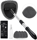 21" Extra-Long Windshield Cleaner Tool, Car Interior Detailing Cleaning Kit with Extendable Handle and 4 Upgraded Reusable Microfiber Pads, Auto Glass Wiper Brush Kit for Cars, Gray