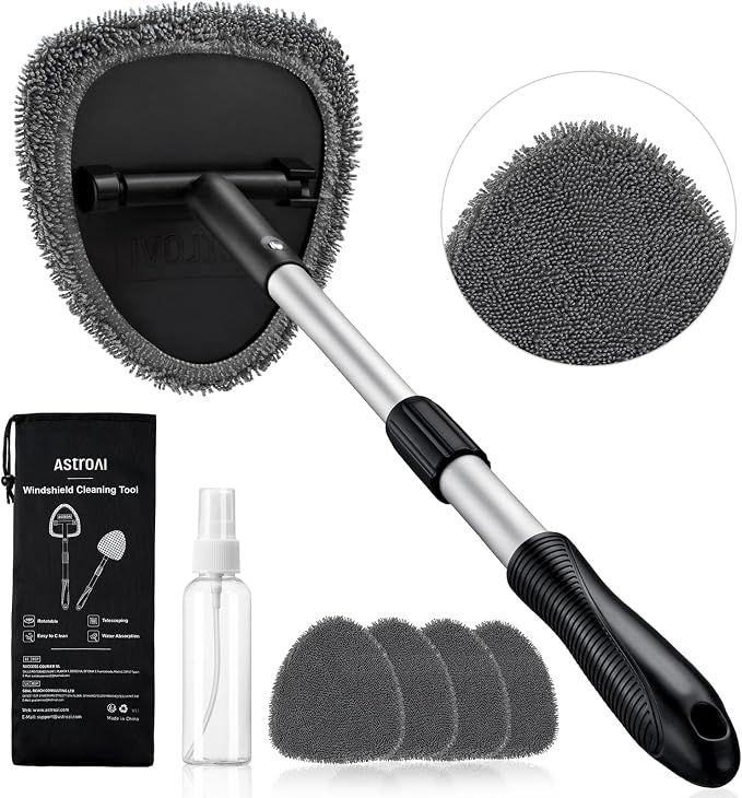 21" Extra-Long Windshield Cleaner Tool, Car Interior Detailing Cleaning Kit with Extendable Handle and 4 Upgraded Reusable Microfiber Pads, Auto Glass Wiper Brush Kit for Cars, Gray