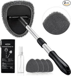 21" Extra-Long Windshield Cleaner Tool, Car Interior Detailing Cleaning Kit with Extendable Handle and 4 Upgraded Reusable Microfiber Pads, Auto Glass Wiper Brush Kit for Cars, Gray, 2 Pack