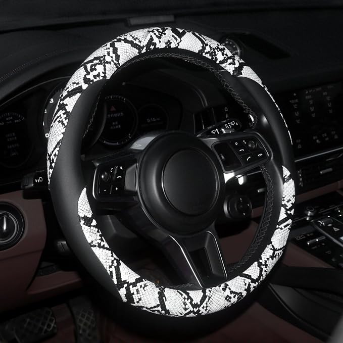 Snake Skin Steering Wheel Cover Leather 14.5-15 Inch, Reversible Car Steering Wheel Cover for Women Men, Anti-Slip Design, Universal Fit for Cars, SUVs, Black&White