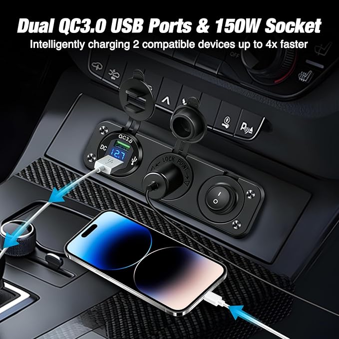 4 in 1 Charger Socket Panel Dual QC3.0 USB with LED Voltmeter Display and Cigarette Lighter Power Cutoff Switch for CarsTrucks UTV ATV