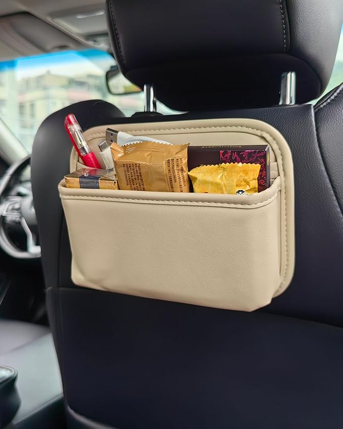 Driver's Car Storage Bag, Small Car Side Pocket Organizer for Car Seats, Doors and Consoles, PU Leather (Beige)
