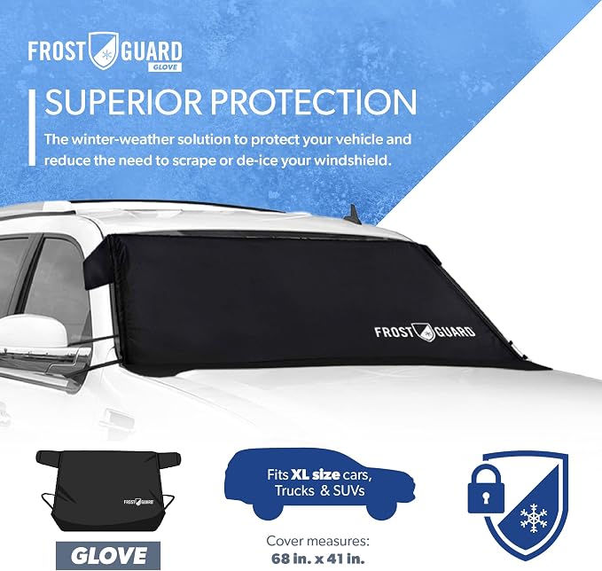Glove | Car Windshield Cover for Ice and Snow - XL Size, Fits SUVs and Trucks - Features Elastic Loops, Security Panels + Storage Pouch - Black, Measures 68 x 41 Inches