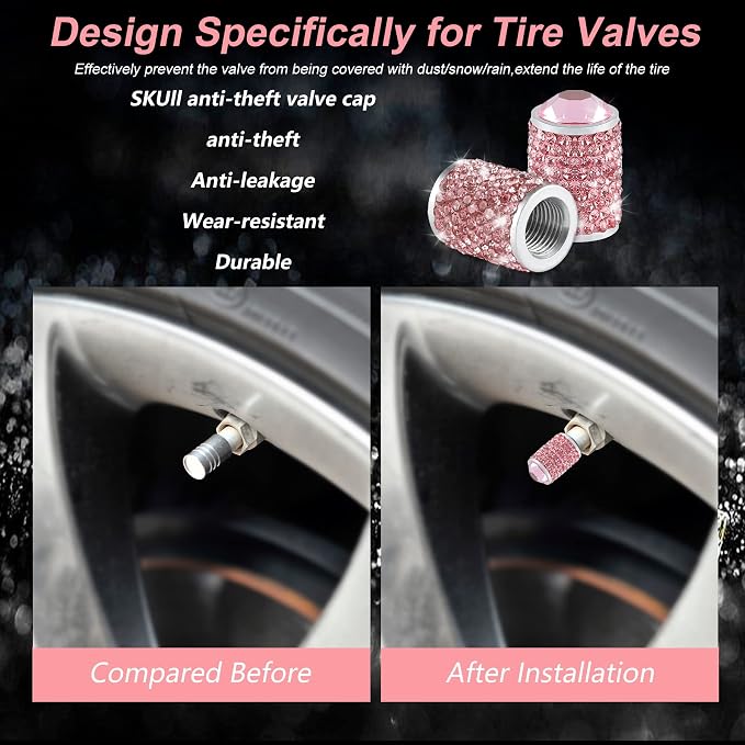 Car Wheel Tire Valve Caps, 4 PCS Bling Tire Valve Caps, Crystal Tire Caps Shinny Rhinestone for Women, Universal Car Dustproof Tire Valve Caps for Cars, Trucks, SUV and Motorcycles (Pink)