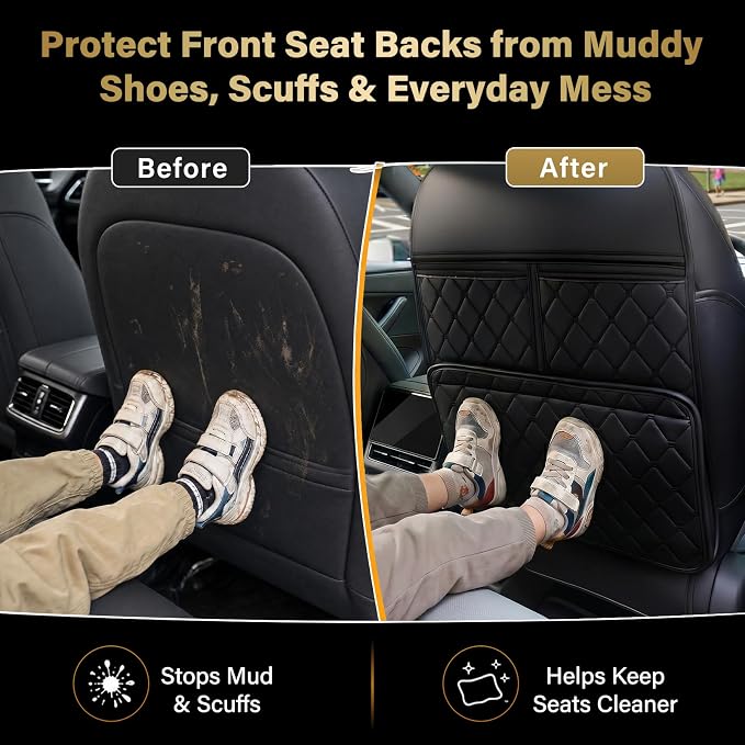 2 Pack Kick Mats Back Seat Protector, Seat Back Protector for Back of Front Seats Against Dirt, Scuffs & Scratches, 3 Storage Pockets, Easy to Clean, Black