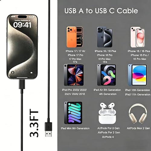 10FT Long USB C Charging cable, iPhone 17 Car Carplay Charger Cord for iPhone 17/16/15, iPhone 17E/16E, 15/16/17 Pro Max, 15 16 Plus, iPad 10th Gen iPad Pro, Air 5th 4th Mini 6th Replacement Black
