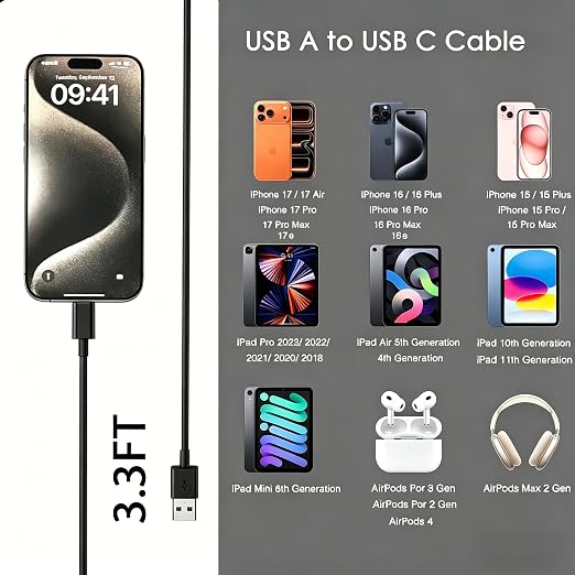 6FT USB A to USB C Charging cable, iPhone 17 Car Carplay Charger Cable for iPhone 17/16/15, iPhone 17E/16E, 15/16/17 Pro Max 15 16 Plus, iPad 10th Gen iPad Pro, Air 5th 4th Mini 6th Replacement Black