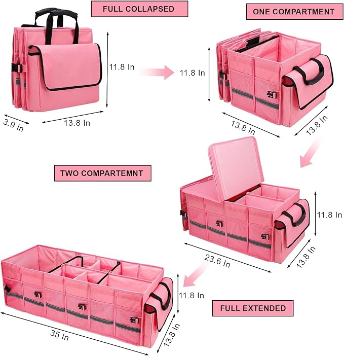 Car Trunk Organizer and Storage with Lid & Removable Cooler Bag, Car Accessories 6 Removable Dividers for Custom Space, Collapsible Trunk Organizers Interior for SUV & Sedan, Large
