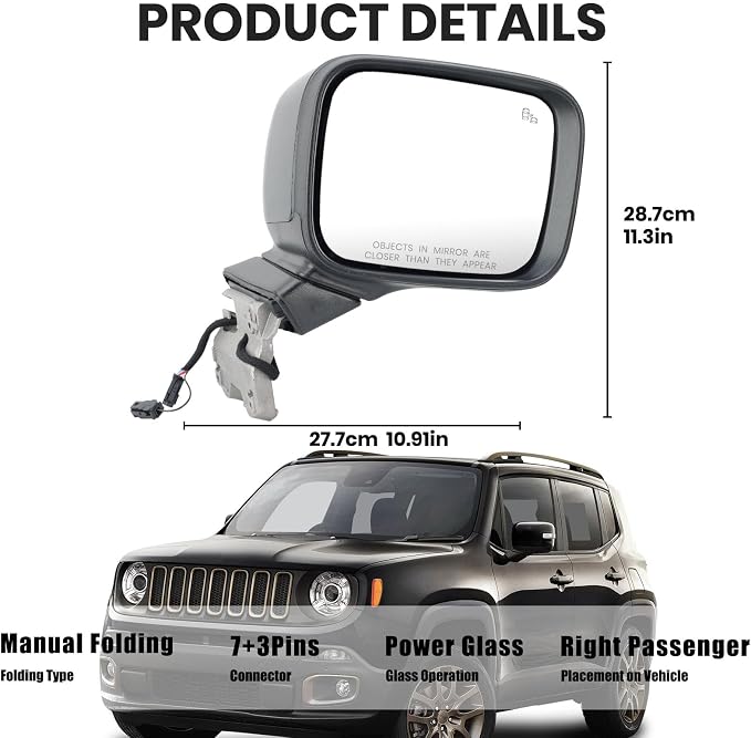 Passenger Side Mirror Compatible with Jeep Renegade 2015-2023 with Temperature Sensor Power Glass Heated with Turn Signal Blind Spot Manual Folding Bright Black Right Door Mirrors (7＋3 Pins)