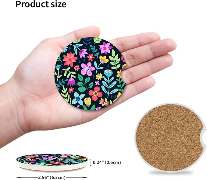 Cute Flowers Ceramic Cup Holders - Pack of 2, Keep Cup Holders Clean and Dry, Drink Cup Car Holder Coasters with A Finger Notch