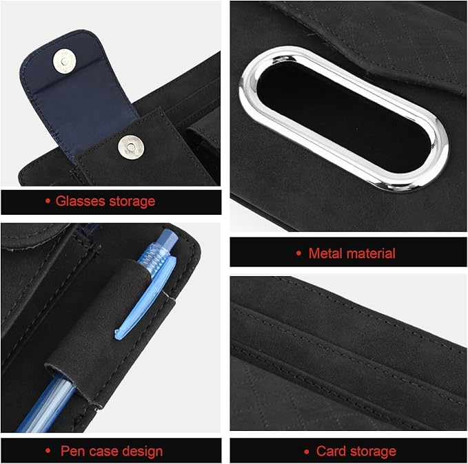 Car Sun Visor Organizer, Multi-compartment Storage Clip for Tissues ID Cards Sunglasses, Suede-like Premium Vehicle Visor Decorative Accessories, Universal for Most Vehicles (Black)