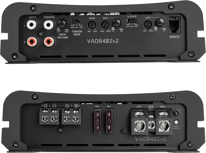 VAD8402 v2 Model 2-Channel Class D Amplifier 1680W Peak, 840W RMS, 2/4-ohm Stable, High/Low Pass X-Over, Bass Boost, for Car/Truck/Marine/UTV/Motorcycle (VAD8402v2)