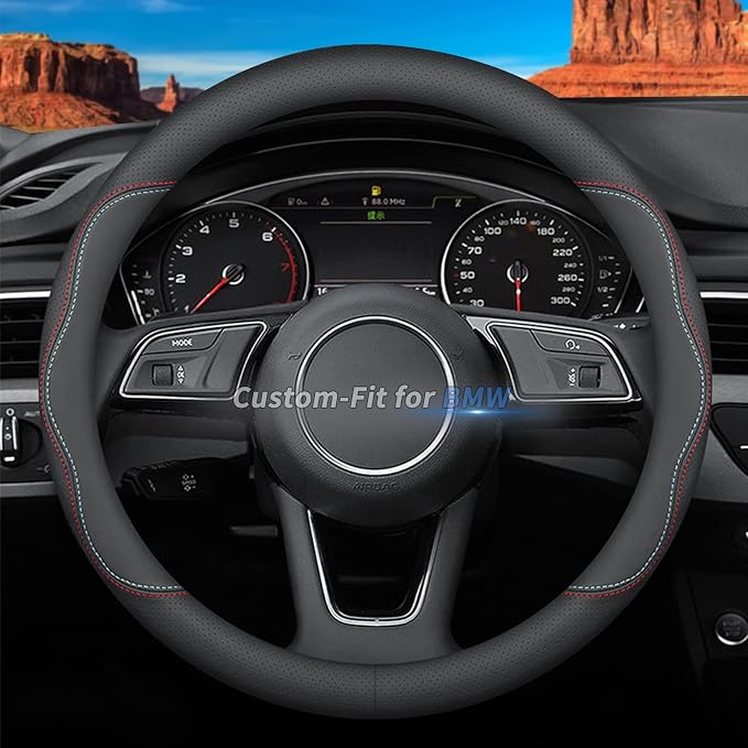 Custom-Fit for BMW Steering Wheel Cover, Premium Leather Car Steering Wheel Cover with Logo, Non-Slip, Breathable, for BM-W Accessories (A-Style,for BMW)