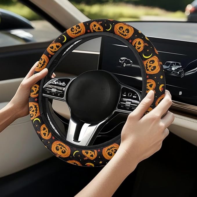 Halloween Car Steering Wheel Cover 15 Inch Universal Breathable Soft Anti-Slip Auto Accessories Steering Wheel Protector Fit for Most Vehicles, Pumpkin Moon Star