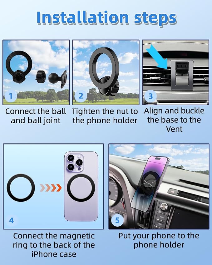 PZK Car Phone Mount for Toyota Camry 2007-2011 Accessories Custom Air Vent | Magnetic Car Phone Holder Compatible with Magsafe Hands Free 360° Rotation Phone Cradles Strong Magnet for iPhone Samsung