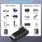 4-Port USB 3.0 Hub [90°/180° Degree Rotatable], USB Splitter with PD-in 5W USB C Port, USB Extender for Laptop, Car, iMac, MacBook Air, MacBook Pro, and More