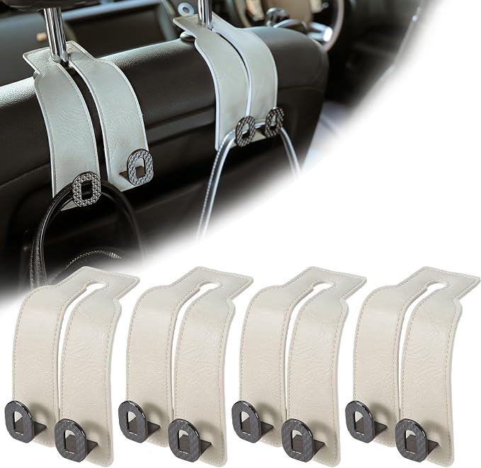 Car Headrest Hooks Universal Car Purse Hook Premium Leather and Alloy Twin Hook Car Seat Back Storage Hanger Hook for Purse Bags Cloth Drink Durable Holder Car Accessories (BH09-White-Black-4 Pcs)