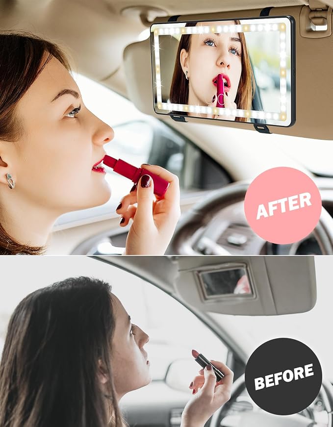 Car Sun Visor Vanity Mirror, Car Vanity Mirror With Lights, Makeup with 3 Light Modes & 60 LEDs, Rechargeable Dimmable Touch Control Travel Makeup for Truck SUV