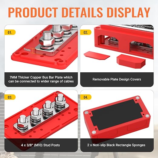 300A Bus Bar 12V DC Waterproof Power Distribution Block with 4 x 3/8" Studs, Heavy Duty Marine Battery Bus Bar Terminal Block 12 Volt for Automotive, Car, Solar Wiring - Positive&Negative