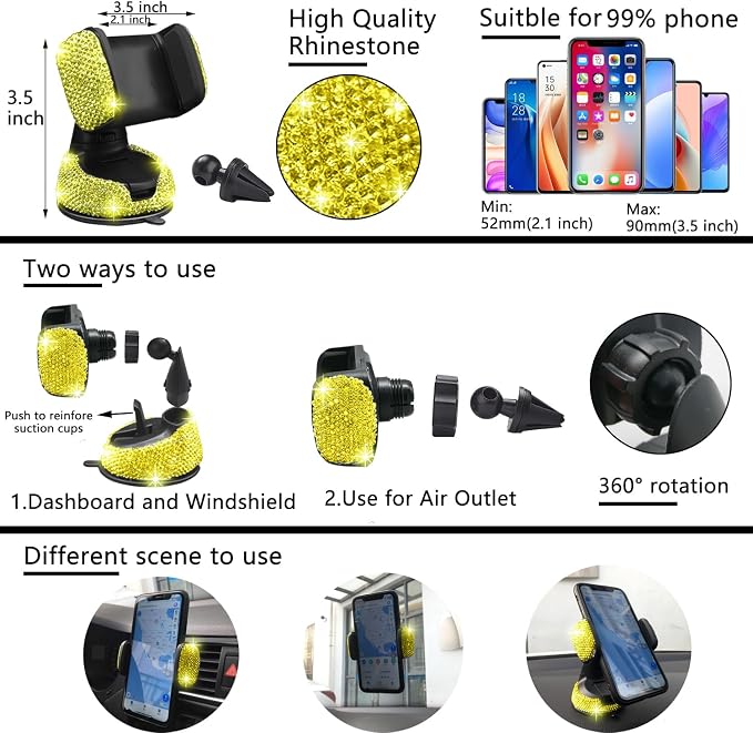 27 PCs Yellow Bling Car Accessories Set for Women, Steering Wheel Covers Universal Fit 15 Inch, Bling License Plate Frame, Bling Phone Holder, Bling Car Coasters (Yellow Diamond)